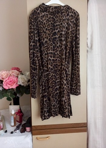 Leopar Desenli Kahverengi Uzun Kollu Bohem Elbise - Görsel 4
