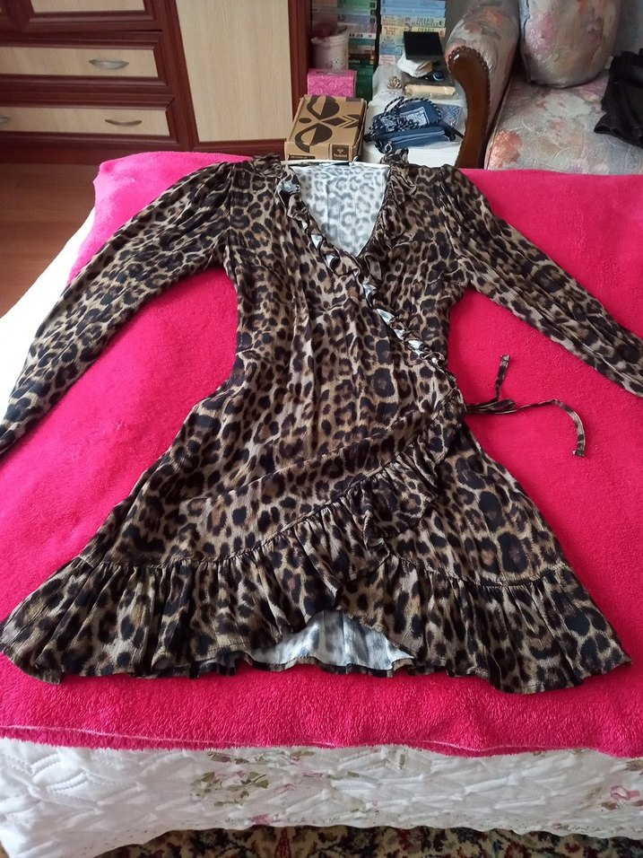 Leopar Desenli Kahverengi Uzun Kollu Bohem Elbise - Görsel 2