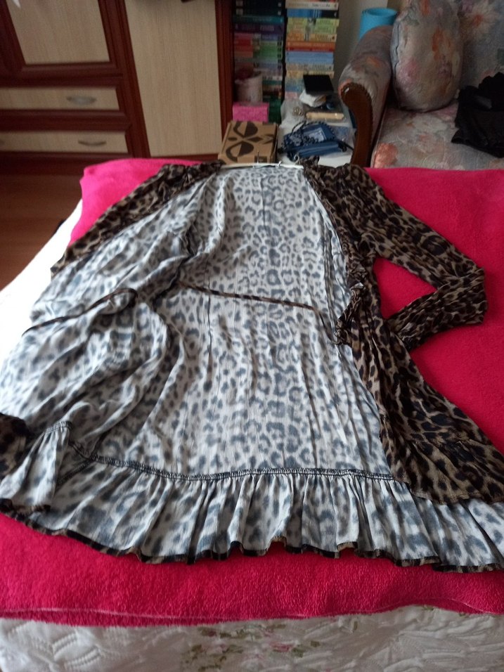 Leopar Desenli Kahverengi Uzun Kollu Bohem Elbise - Görsel 3