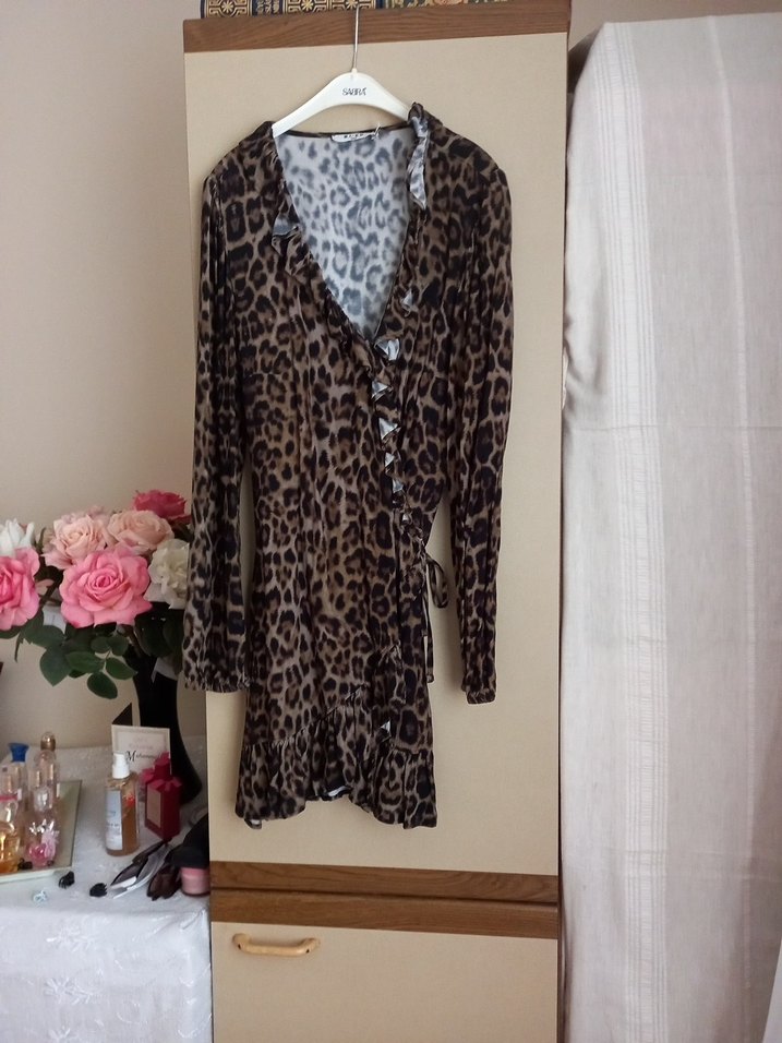 Leopar Desenli Kahverengi Uzun Kollu Bohem Elbise - Görsel 5