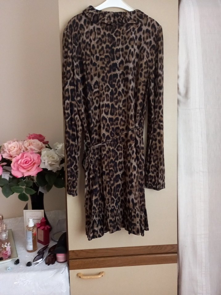 Leopar Desenli Kahverengi Uzun Kollu Bohem Elbise - Görsel 4