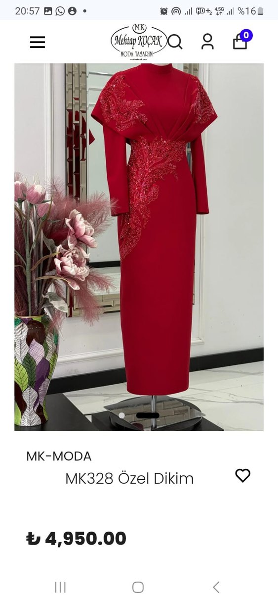 Kırmızı Uzun Kollu İşlemeli Abiye Elbise - Görsel 2