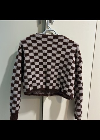 Kahverengi Kareli Örgü Kadın Hırka - Görsel 2