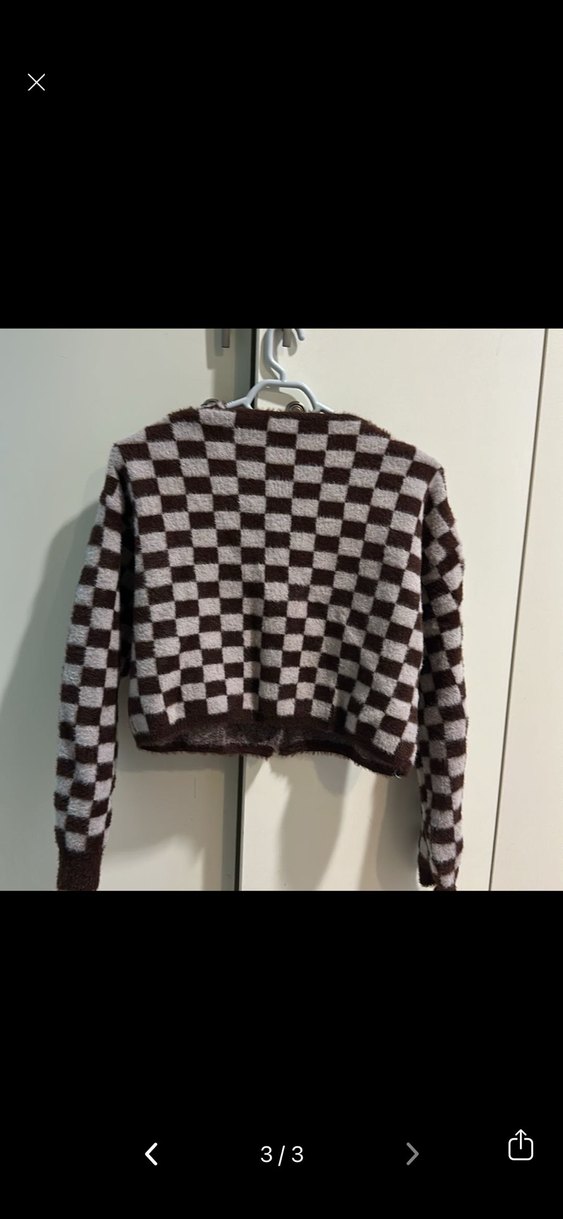 Kahverengi Kareli Örgü Kadın Hırka - Görsel 2