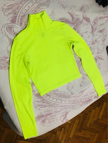 Uzun Kollu Kısa Crop Bluz Neon Sarı