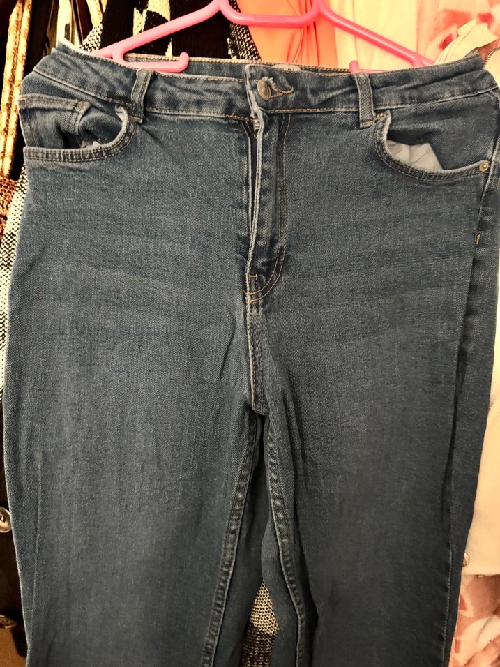 Bol kesim, kemerli, mavi kadın kot pantolon - Görsel 2