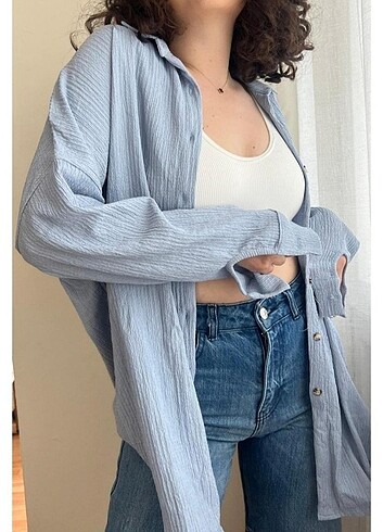 Diğer Mavi Oversize krinkıl gömlek