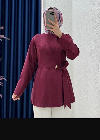 Bordo Midi Uzun Kollu Kuşaklı Tunik