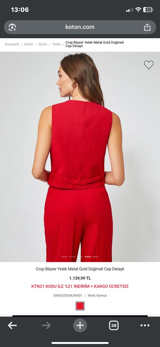 Kırmızı Crop Blazer Yelek Metal Düğmeli - Görsel 3