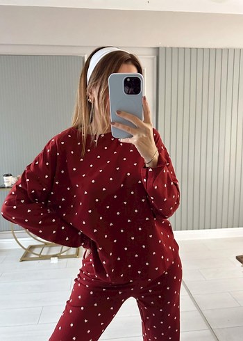 Bordo beyaz kalpli, Uzun Kollu Kadın Pijama Takımı