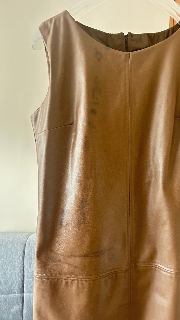 Dantel Detaylı Bej Deri Uzun Elbise - Görsel 5