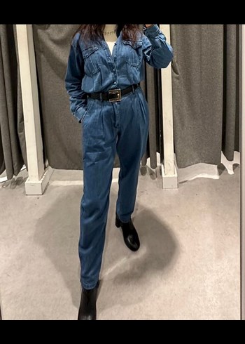 Kadın Lacivert Kot Tulum, Uzun Kollu - Görsel 5