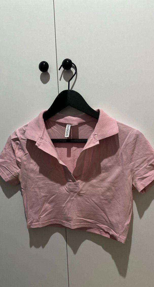 Kadın Pembe V Yaka Kısa Kollu Crop Top - Görsel 3