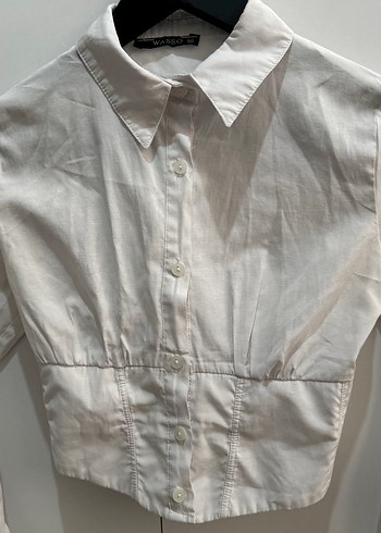 Düğmeli Korse Belli Beyaz Keten Kadın Gömlek - Görsel 4