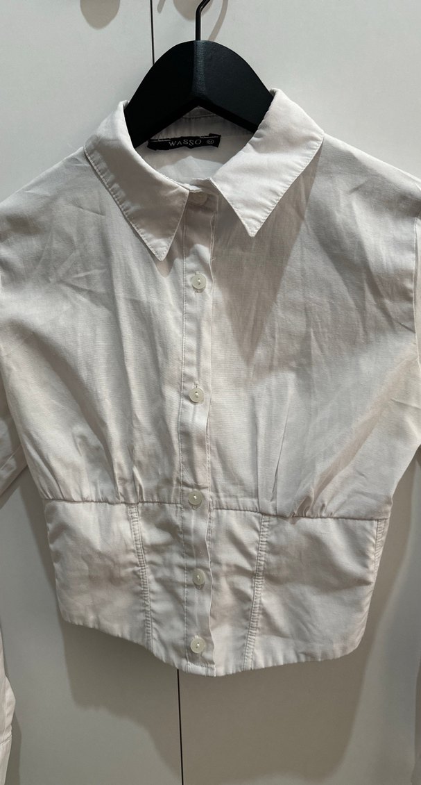 Düğmeli Korse Belli Beyaz Keten Kadın Gömlek - Görsel 4