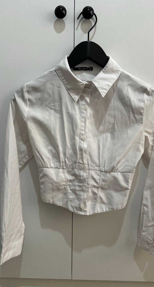 Düğmeli Korse Belli Beyaz Keten Kadın Gömlek - Görsel 3