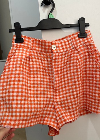 Turuncu Kareli Kadın Mini Şort - Görsel 2