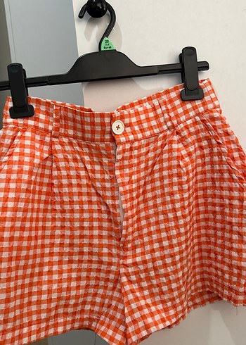 Turuncu Kareli Kadın Mini Şort - Görsel 4