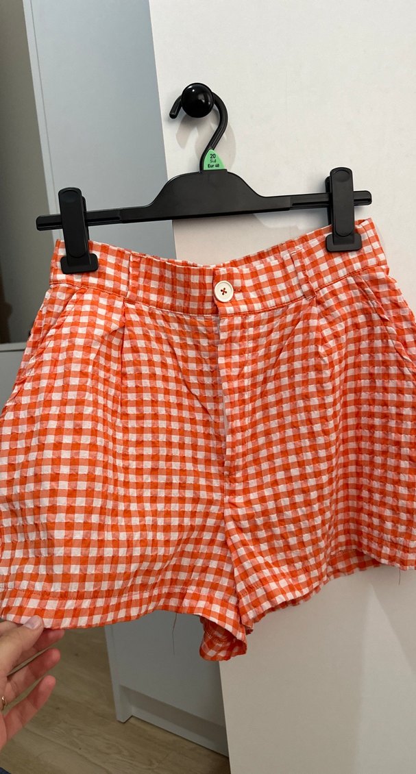 Turuncu Kareli Kadın Mini Şort - Görsel 2