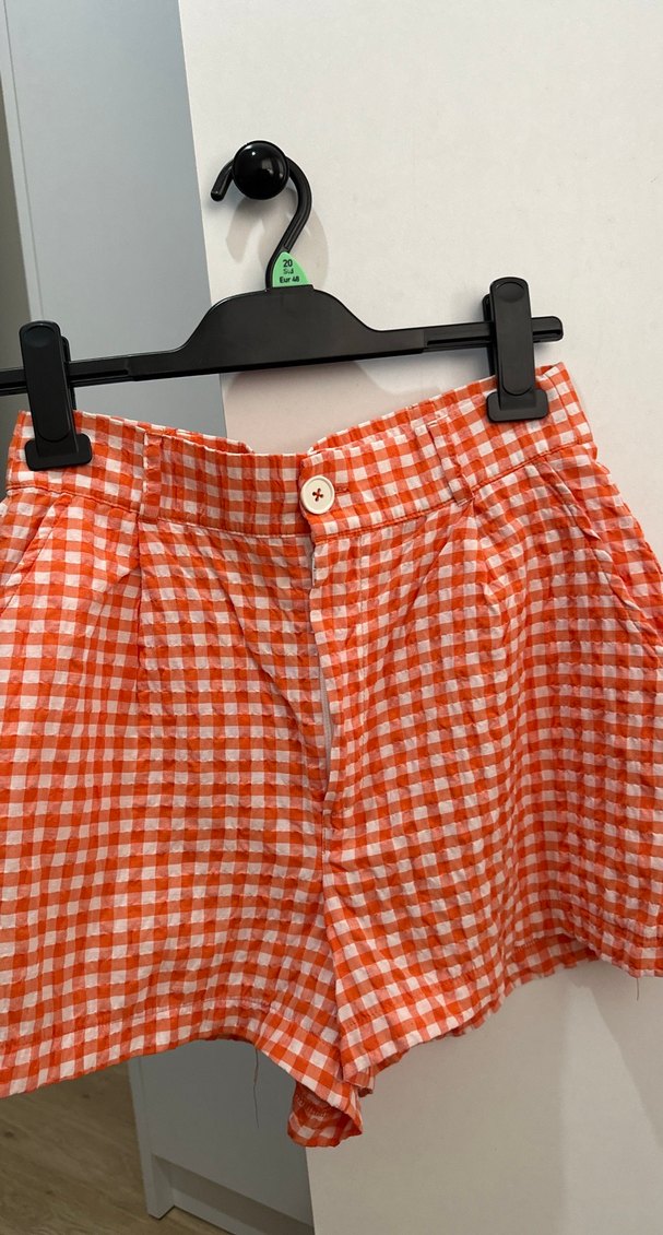 Turuncu Kareli Kadın Mini Şort - Görsel 4