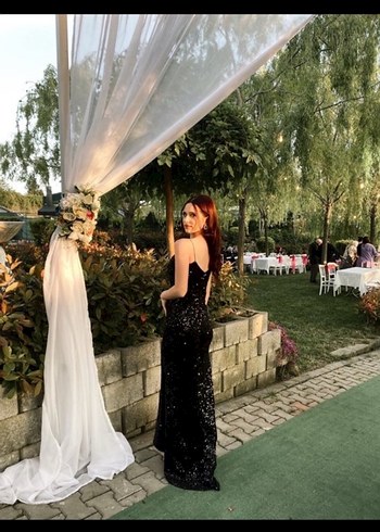 Siyah ip askılı Uzun beyetlin Abiye Elbise
