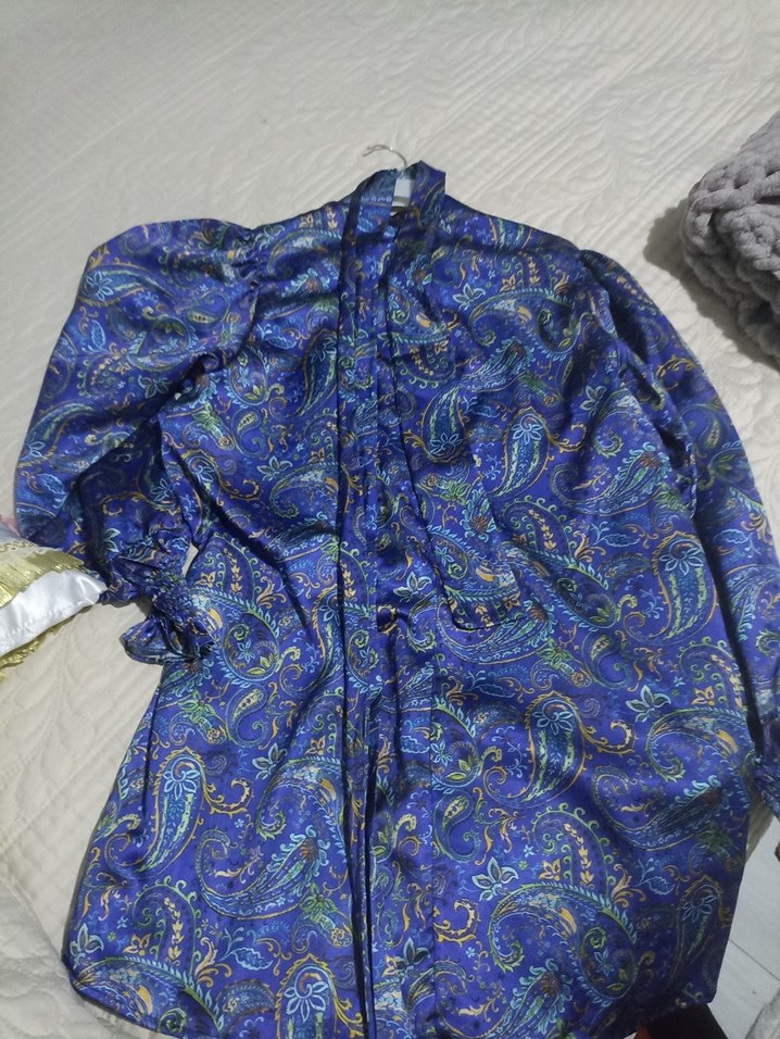 Uzun Kollu, Salaş Kesim, Mavi Desenli Bluz - Görsel 3