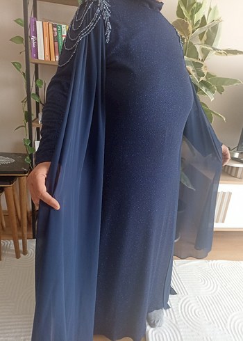 Parlak Lacivert Uzun Kollu Uzun Abiye Elbise - Görsel 7
