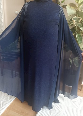 Parlak Lacivert Uzun Kollu Uzun Abiye Elbise - Görsel 6