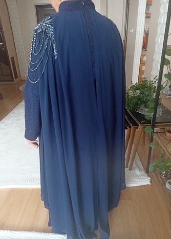 Parlak Lacivert Uzun Kollu Uzun Abiye Elbise - Görsel 8