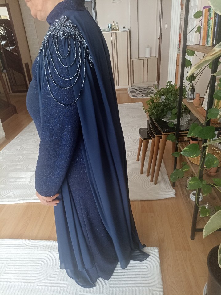 Parlak Lacivert Uzun Kollu Uzun Abiye Elbise - Görsel 3