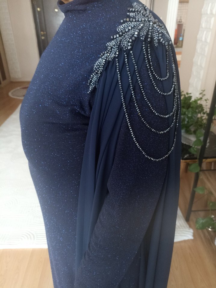 Parlak Lacivert Uzun Kollu Uzun Abiye Elbise - Görsel 5