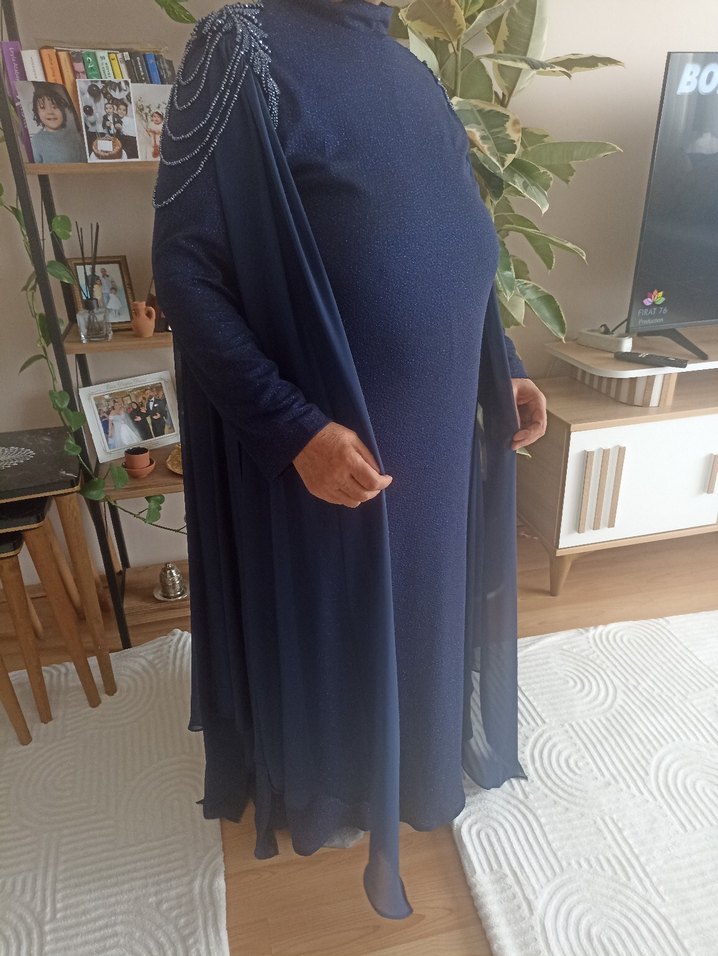 Parlak Lacivert Uzun Kollu Uzun Abiye Elbise - Görsel 2