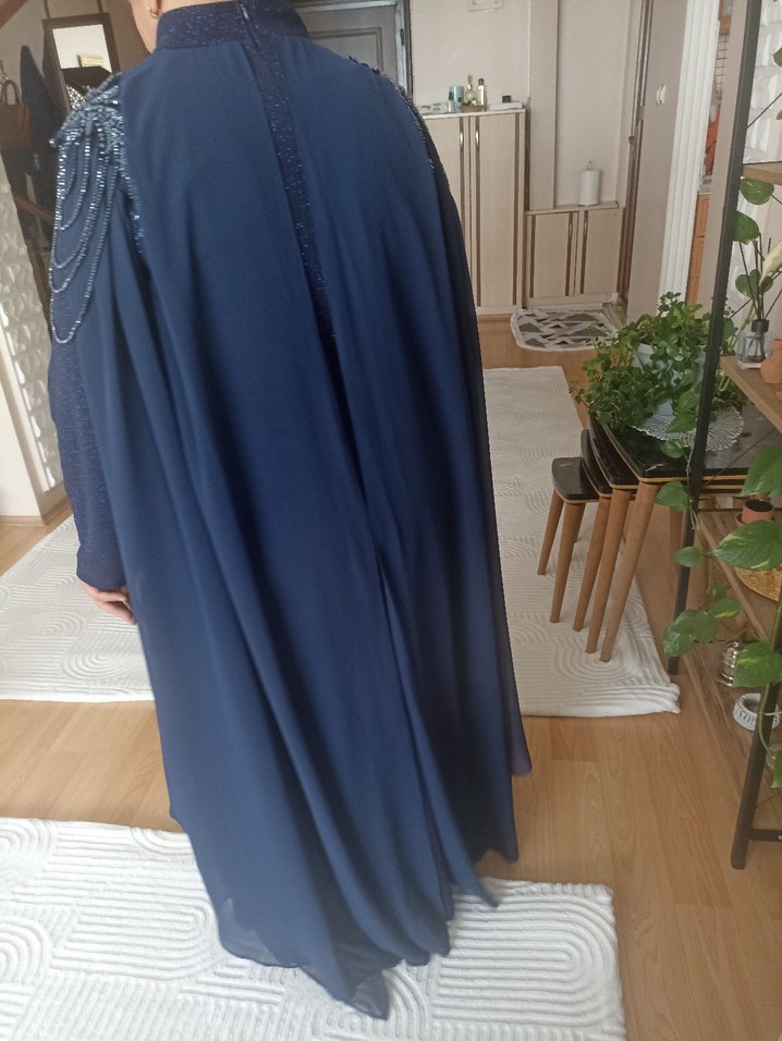 Parlak Lacivert Uzun Kollu Uzun Abiye Elbise - Görsel 4