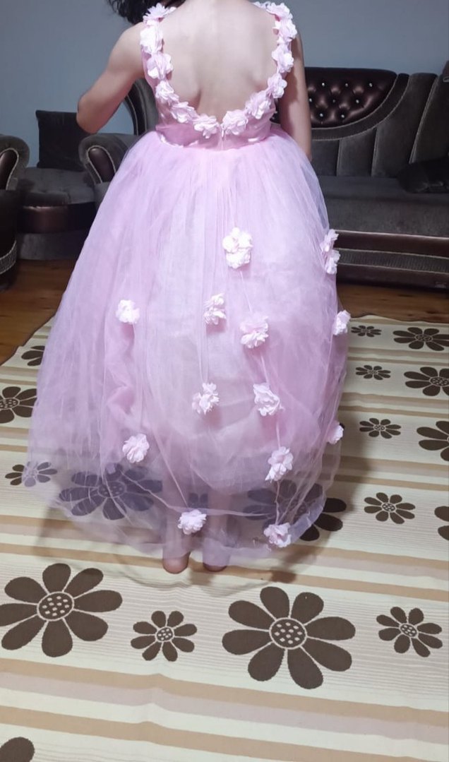 Çiçekli Pembe Kız Çocuk Abiye Elbise - Görsel 2