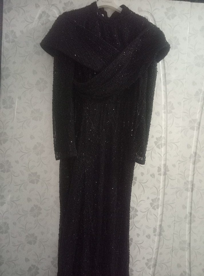 Siyah İşlemeli Uzun Abiye Elbise - Görsel 3