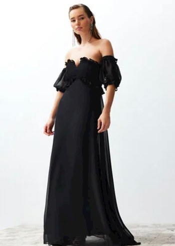 Siyah Straplez Uzun Gotik Abiye Elbise