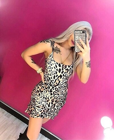 Leopar desenli likralıkumaş mini elbise