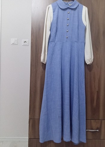 Mavi Düğmeli Uzun Pamuk Elbise - Görsel 2