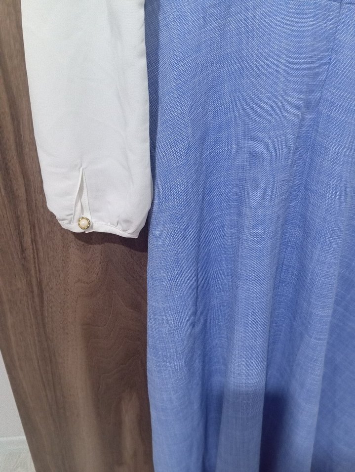 Mavi Düğmeli Uzun Pamuk Elbise - Görsel 5