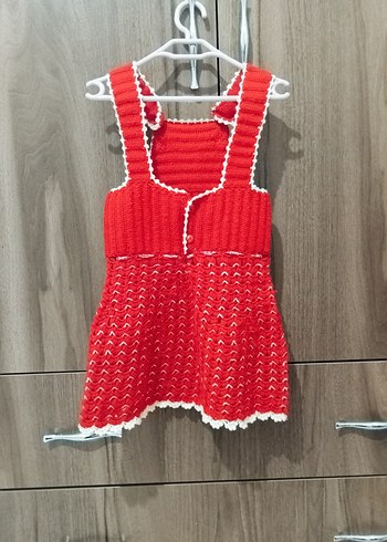 Kız Çocuk Kırmızı Örgü Askılı Elbise - Görsel 4