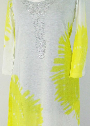 vintage Sarı Batik Desenli Uzun Kollu Kadın elbise