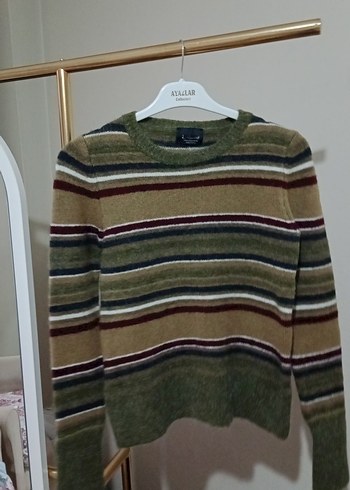 Çizgili Örgü Kadın Yün Kazak - Görsel 2