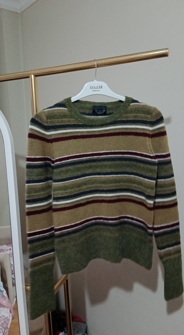 Çizgili Örgü Kadın Yün Kazak - Görsel 2