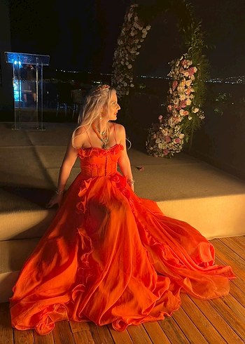 Alfabeta Straplez Turuncu Uzun Abiye Elbise - Görsel 5