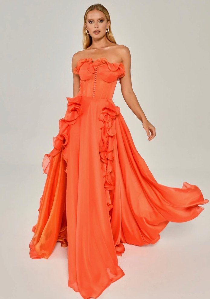 Alfabeta Straplez Turuncu Uzun Abiye Elbise - Görsel 2