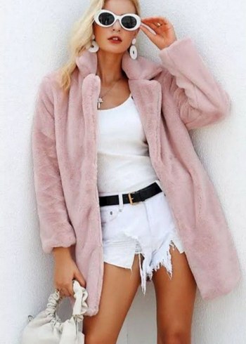 Pembe Uzun Peluş Kadın Kaban - Görsel 2