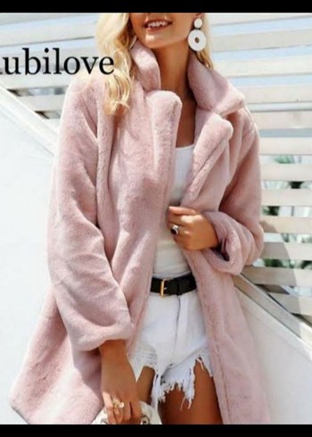 Pembe Uzun Peluş Kadın Kaban - Görsel 6