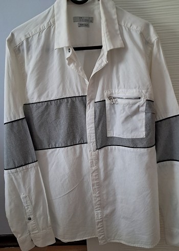 Düğmeli Beyaz Gri Erkek Gömlek - Görsel 5