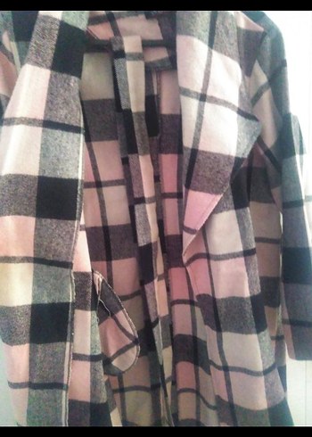 Pembe Ekose Desenli Uzun Kadın Kaban - Görsel 3