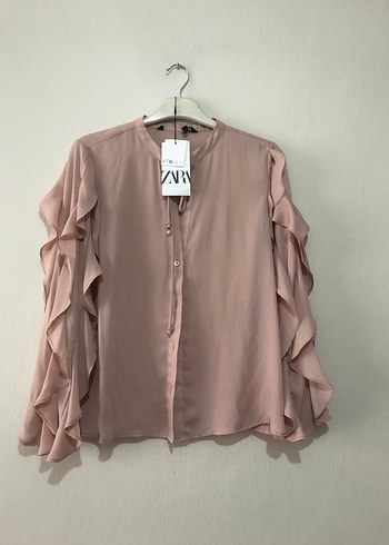 Zara Bej Kadın Fırfırlı V Yaka Uzun Kollu Bluz